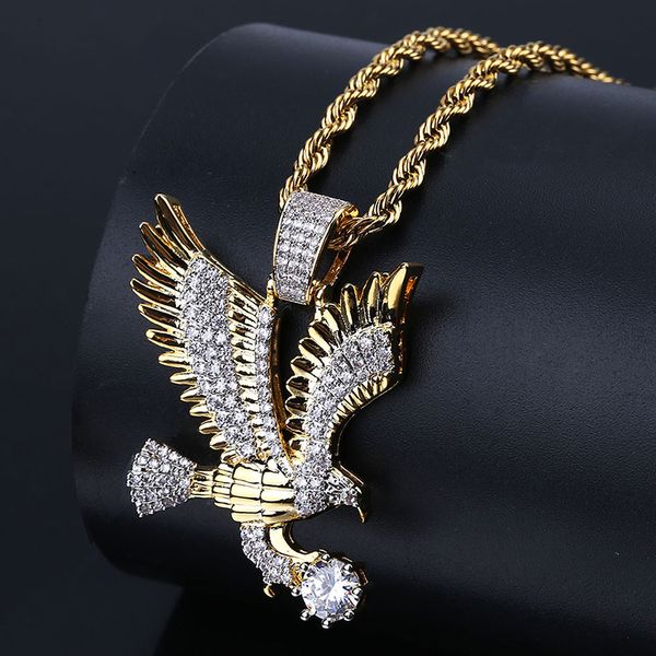 

hip hop micro paved + cubic zirconia iced out bling gold falcon hawk eagle pendants necklace for men rapper jewelry, Silver
