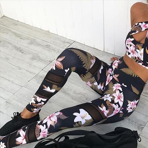 

missky 2020 new 2pcs set women sets floral pants bra suit slim fit leggings suit for female summer, Gray