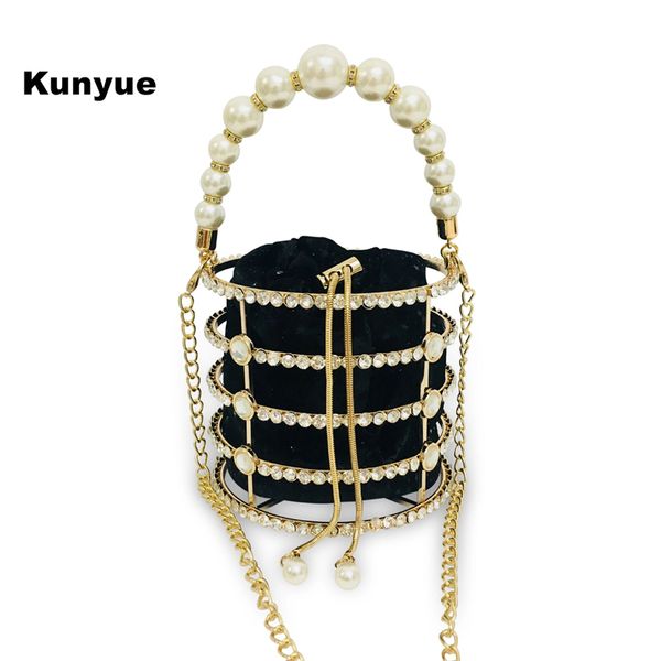 

new designer fashion women handbags luxury metal framed diamonated bucket hollow out pearls cross body totes shoulder chain bags