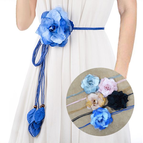 

elegant chiffon big flower ladies thin belt sweet tassel braid decoration elegant handmade flower womens dress belt waistbelts, Black;brown