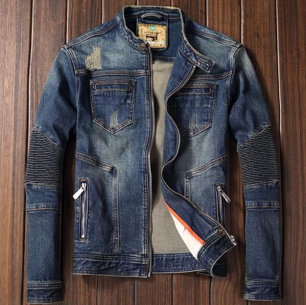 

biker men's motorcycle denim jacket stand collar zipper retro slim fit young man jeans coat spring autumn m-3xl, Black;brown
