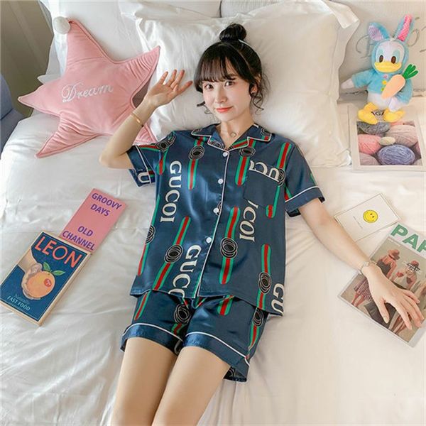 

summer students korean version of lovely home wear set ice silk pajamas women summer short sleeve two piece suit imitation silk, White