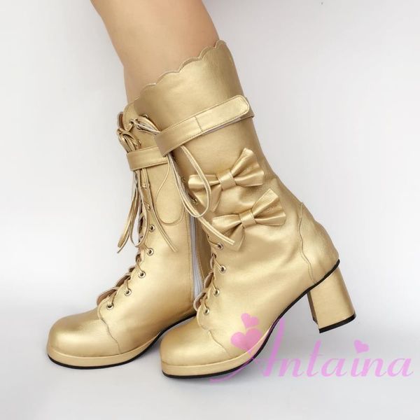 

japanese style sweet gold lolita mid-calf boots lace up bow princess boots chunky high platform autumn, Black