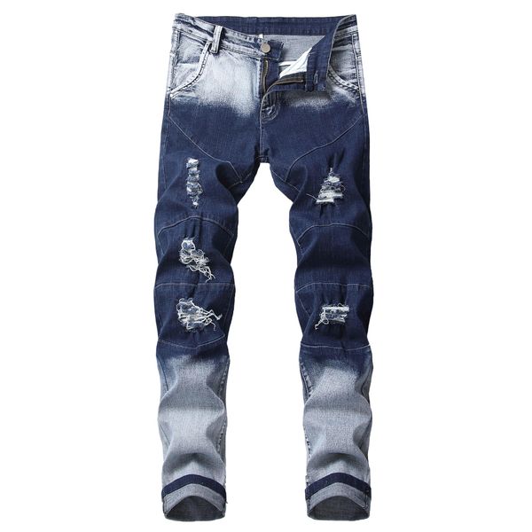 

mens jeans fashion men straight dark blue color printed ripped cotton style