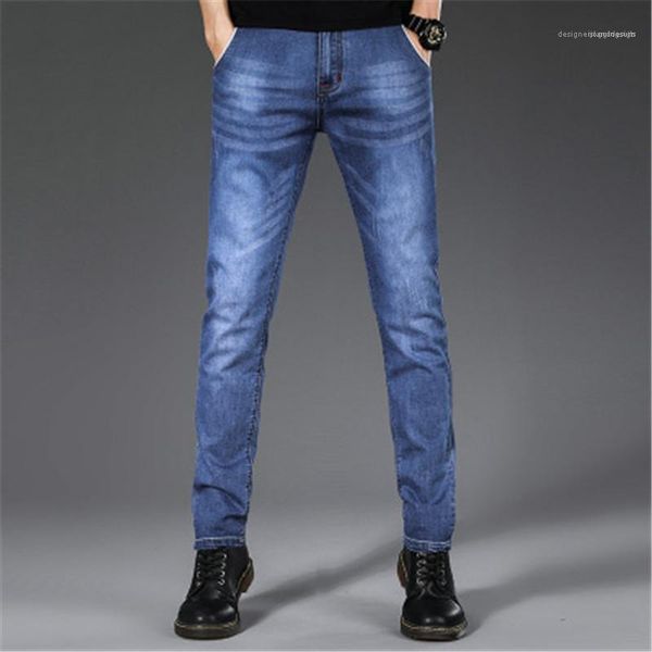 

fit large size designer men jeans thin stretch summer blue business casual slim straight jeans fashion denim pants male trousers loose