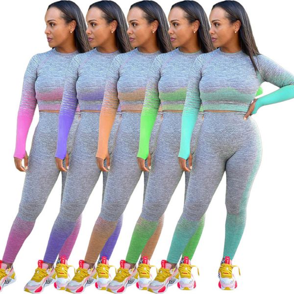 

women tracksuit two pieces set gradient colour high waist long sleeve trousers ladies new fashion casual sportwear outfits 2020, White