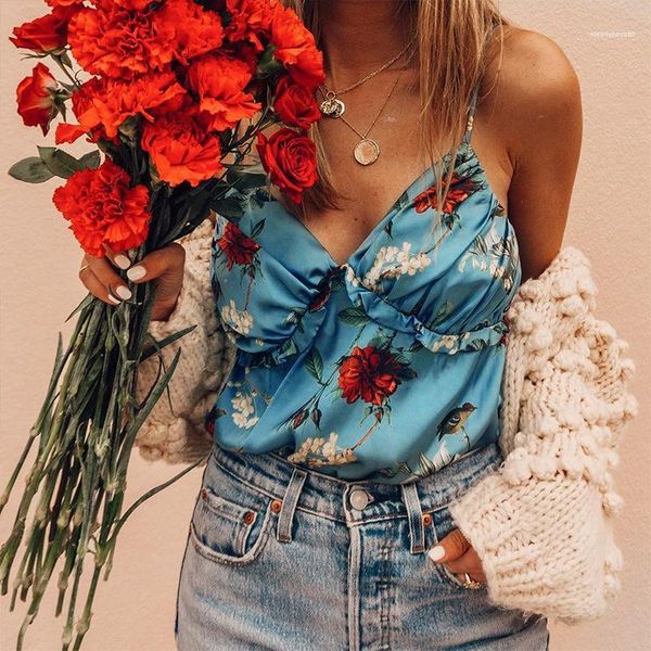 

tanks womens floral print vest summer designer backless v neck strap tees females sweet out, White