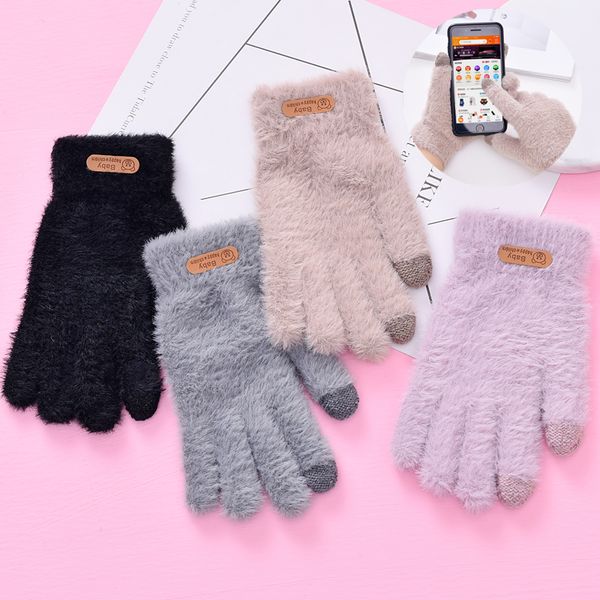 

winter warm knitted women gloves imitation touch screen gloves women fashion girls full fingers thicken outdoor warm, Blue;gray