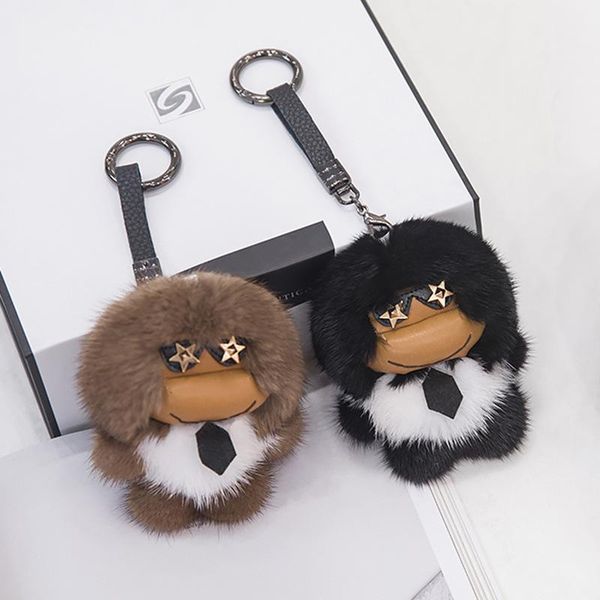 

punk style keychain luxury real mink fur cartoon rabbit for men's car ornaments charm lady holder bag accessories pendant chains, Slivery;golden