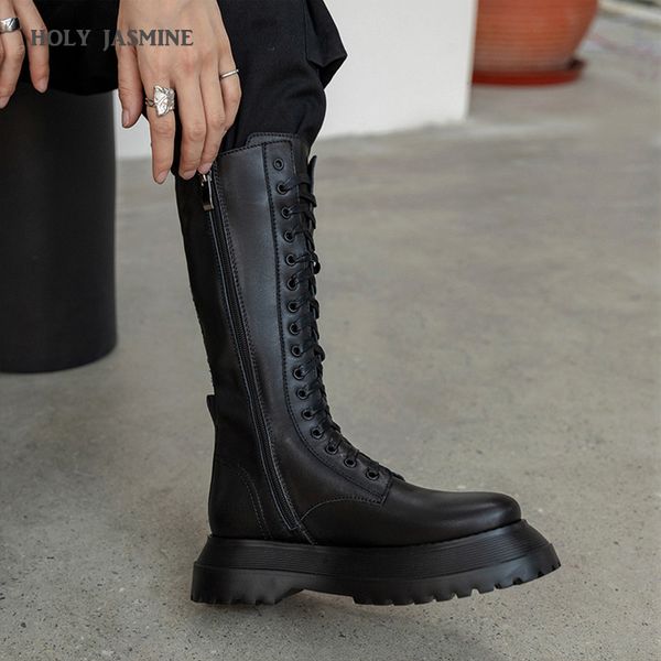 

holy jasmine genuine leather knight boots new spring/autumn mid-calf motorcycle boots narrow band zip round toe high (5cm-8cm, Black