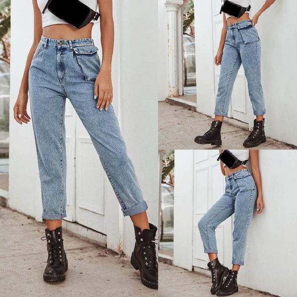 

women's jeans woman slim pencil pants ladies mom high waist casual full length loose cowboy mujer 2021, Blue
