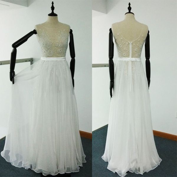 

2017 Sheer Beach Wedding Dresses Inspired by Paolo Sebastian A Line Beaded Embroidery Runway Gowns Cap Sleeves Tulle Chiffon Real Images