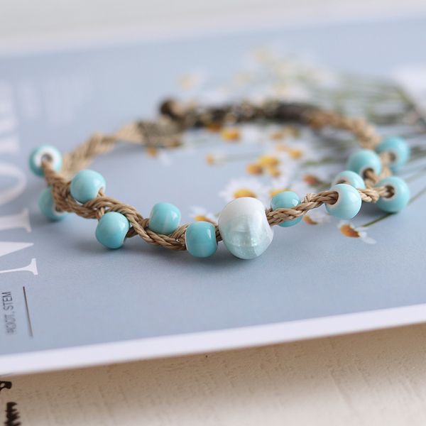 

anklets simple small fresh blue porcelain beads woven bracelet fashion girl student accessories vintage ethnic style handmade jewelry, Red;blue