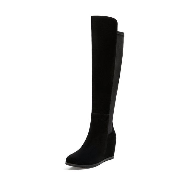

fashion autumn winter side zipper female knee high boots cow suede leather thick heels shoes women night club party shoes woman, Black