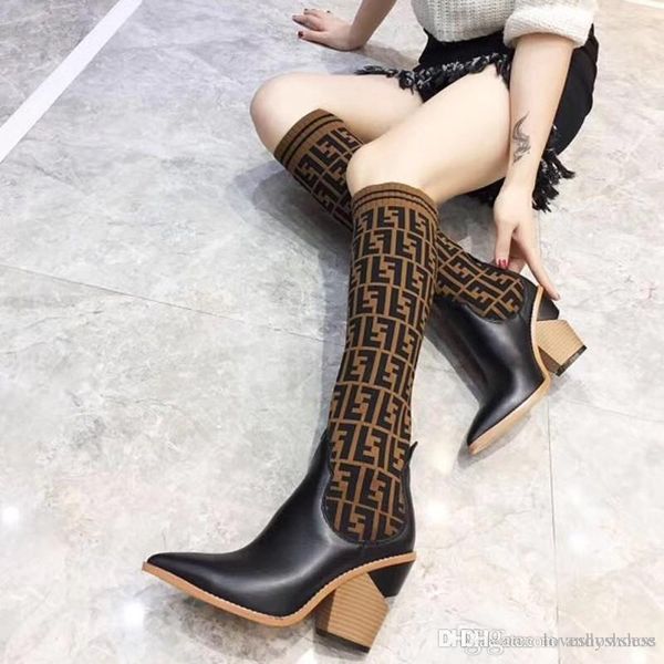 

2020 new fashion women over the knee boots knitted socks boots chunky heel luxury ladies winter boots, Black
