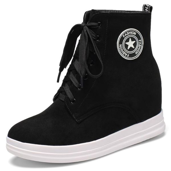 

lace-up leather velvet autumn and winter flat-heeled women's boots frosted thick-soled sports and leisure waterproof platform, Black