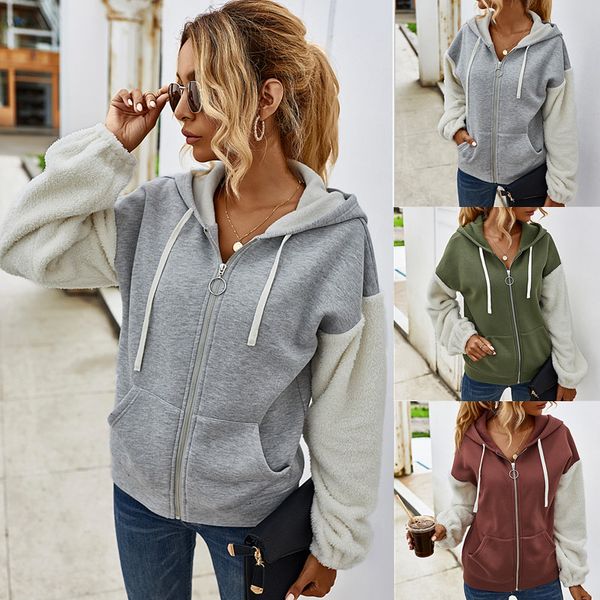 

women's hoodies & sweatshirts patchwork winter harajuku kawaii sweatshirt women sport casual wear hooded pullover zipper up tracksuit f, Black