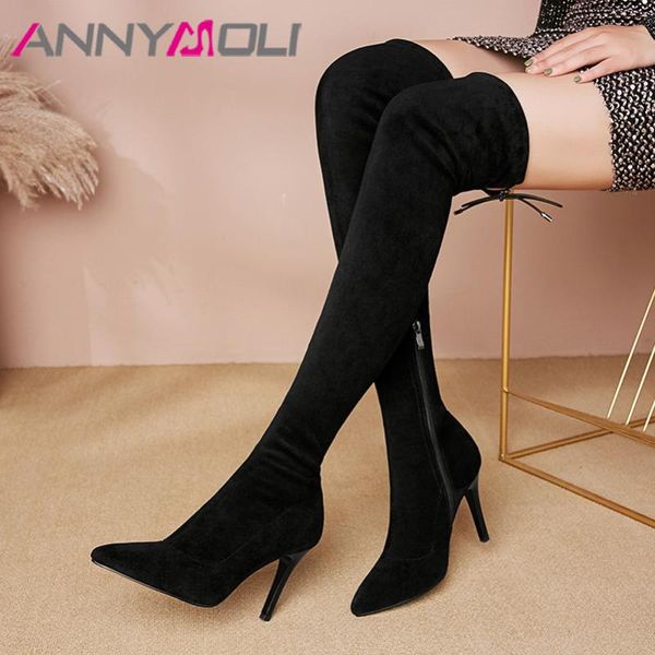 

boots annymoli winter over the knee women kid suede zip thin heel thigh high slim extreme shoes lady autumn, Black