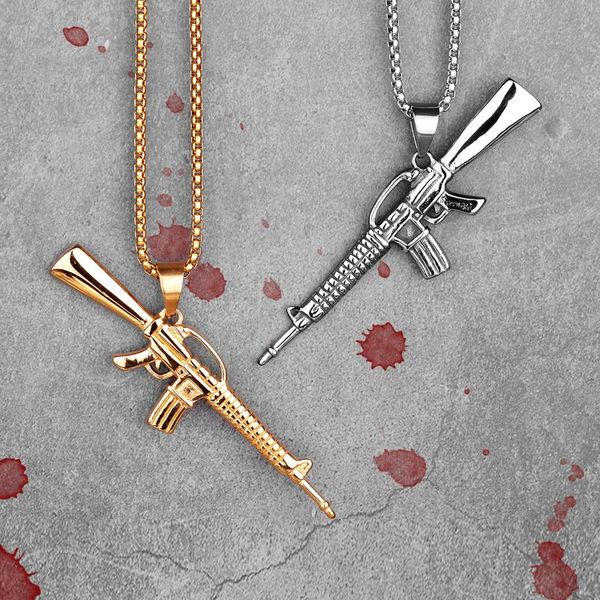 

gold machine gun m16 mens long necklaces pendants chain hip hop for boy male stainless steel jewelry creativity gift wholesale, Silver