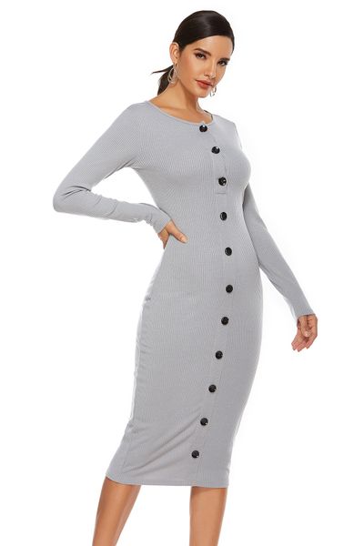 

european and american round neck open button long sleeve fashion womens mid-length sunken stripe polyester cotton slim slimming dress