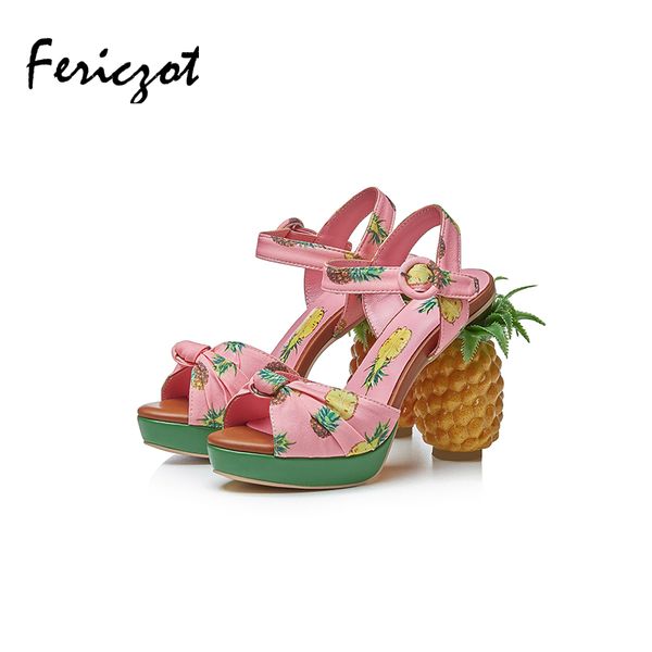 

fericzot fashion unique pineapple heel sandals genuine leather high platform open toe pumps women for party vacation women shoe, Black