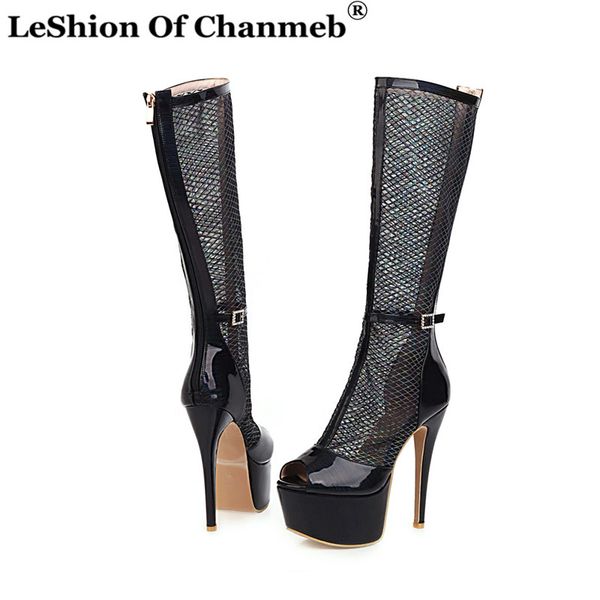 

boots small size 33 summer net women peep toe knee high woman stiletto platform shoes ladies large 48 party shoe, Black