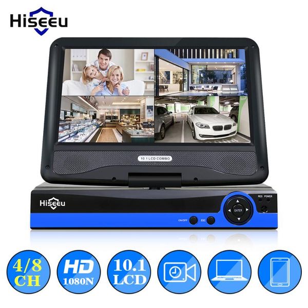 

kits hiseeu cctv 4/8 ch 5in1 1080n digital video recorder 10.1" lcd screen ahd/cvi/tvi/analog/ip home security system p2p h.264, Black;white