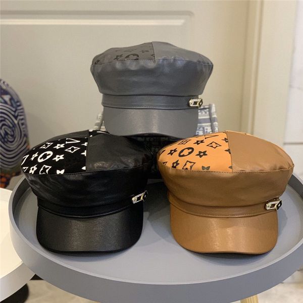 

fashion newsboy hat woman mens pu letter military caps hats classic splicing print cap flat hats outdoor cap high quality, Blue;gray