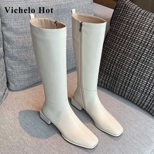 

vichelo горячая езда сапоги спилка высокого качества твердый квадратный носок толстый мед пятка молния красота леди сладкий колено высокие с, Black