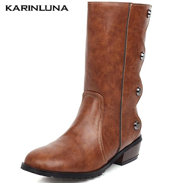 

karin short plush round toe warm high fashion mid-calf boots classics metal decoration solid square heels women shoes, Black