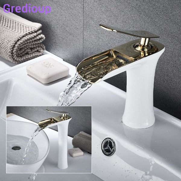 

bathroom sink faucets robinet salle de bain white waterfall faucet black deck mount wash basin gold water taps mixer tap