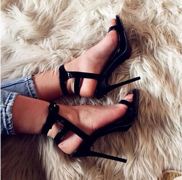 

black patent leather high heels gladiator sandals women peep toe buckle strap slingback shoes lady thin heels party casual shoes