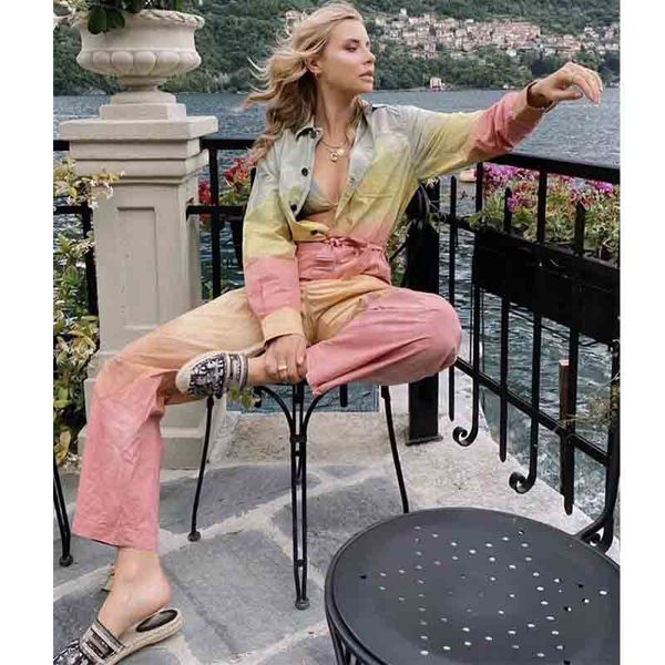 

cosmicchic 2020 радуга комбинезоны rompers casual tie dye хлопок runway высокой талией длинные рукава пояса широкие ноги штаны игровая одежд, Black;white