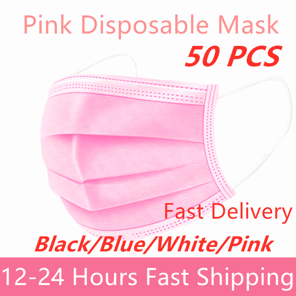 

50 pcs masks pink disposable non-woven 3-layer face mask breathable mask with elastic earband breathable pink mouth mask