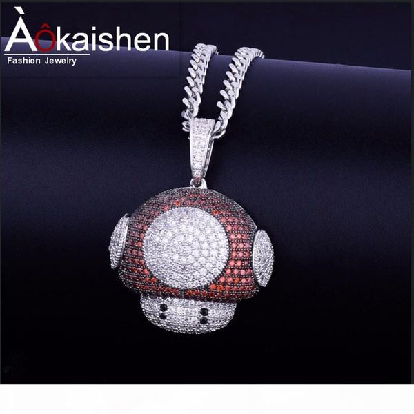 

iced out cartoon mushroom head pendant necklace with rope chain silver color bling cubic zirconia men women hip hop jewelry