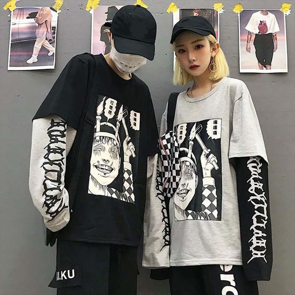

harajuku sweatshirt women patchwork pullovers print japanese comics jumpers fake 2 pieces shirt woman streetwear, Black