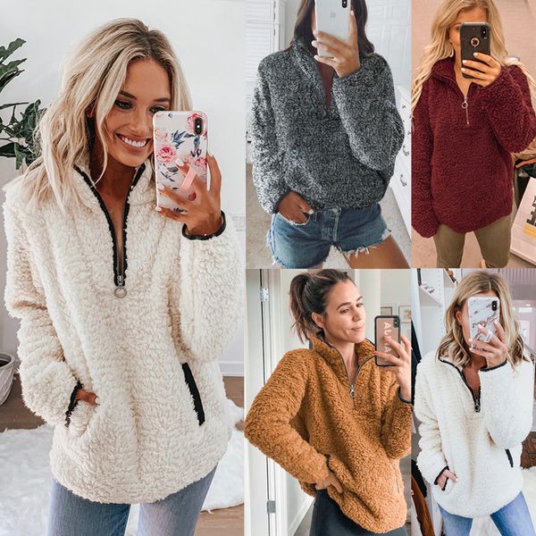 

autumn / winter 2020 lapel zipper pocket long sleeve women's plush coat solid color selling in autumn, White