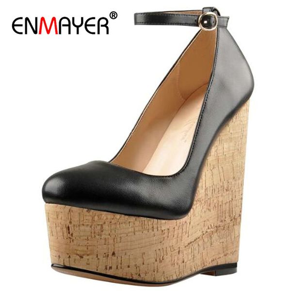 

enmayer super high thin heels shoes woman high heel platform casual round toe pumps women shoes buckle strap pu 34-43, Black