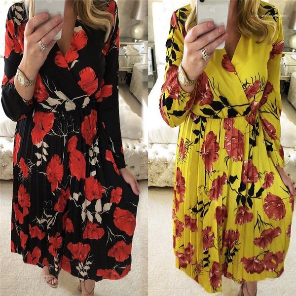 

v шеи щитовой осень женщины плиссированных платьев конструктора женщины одежда цветочные печати женских повседневные платья мода, Black;gray