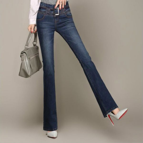 

2020 new spring and autumn fashion casual high waist cotton brand plus size female women girls flare pants jeans clothing 79129, Blue