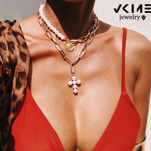 

vkme new vintage крест ожерелье перлы свитер цепи ожерелье женщин кулон ожерелье девушки партия подарков 2020 аксессуары, Silver