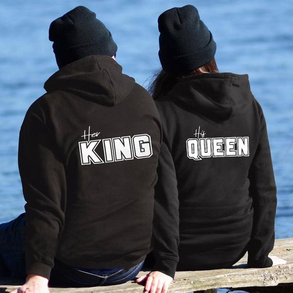 

his queen her king couple hoodies chritsmas costumes women men lovers sweatshirt lovers couples sudaderas de mujer, Black
