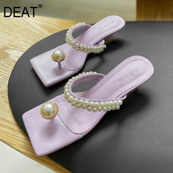 

deat] 2020 new spring summer square toe shallow striped pearls high heels flip flops slippers women shoes fashion tide 10i719, Black