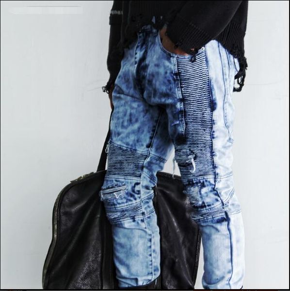 

men's dark black heavy industry stitched together hand-made holes to trim the body and foot jeans men's fashion. s-2xl, Blue