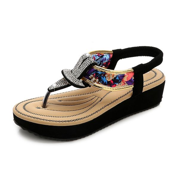 

2020 new fashion sandals women's summer flat comfortable shoes round head rhinestone ethnic style women's bohemian sandals, Black