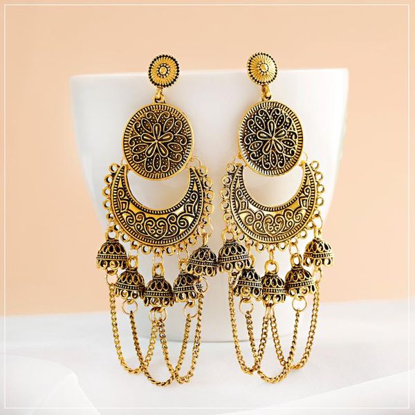 

2020 retro jhumka jhumki gypsy ethnic gold alloy carved round&crescent bell tassel drop earrings for women boho jewelry, Silver