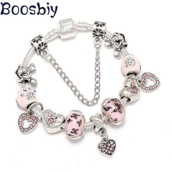 

boosbiy silver plated charm bracelet with pink animal beads fit brand bracelet heart jewelry gift for women kids, Golden;silver
