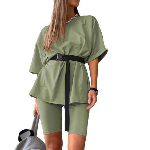 

casual solid new women's two piece with belt 2020 summer fashion casual home solid color loose t-shirt shorts female playsuits, Black;blue