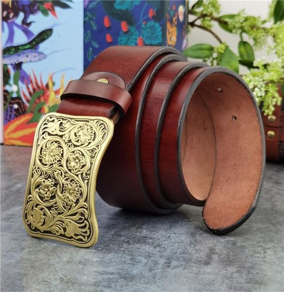 

carving flower brass belt buckle men's belt ceinture thick geunine leather for men wide trouser men dr070816, Black;brown