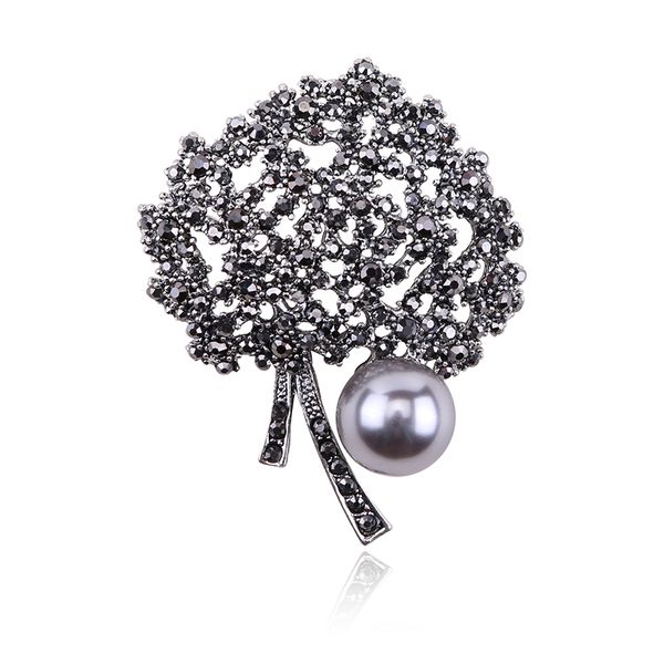 

jewelry vintage scarf brooches pin imitation gun black pearl rhinestones leaf brooch elegant women dress decoration accessories, Gray